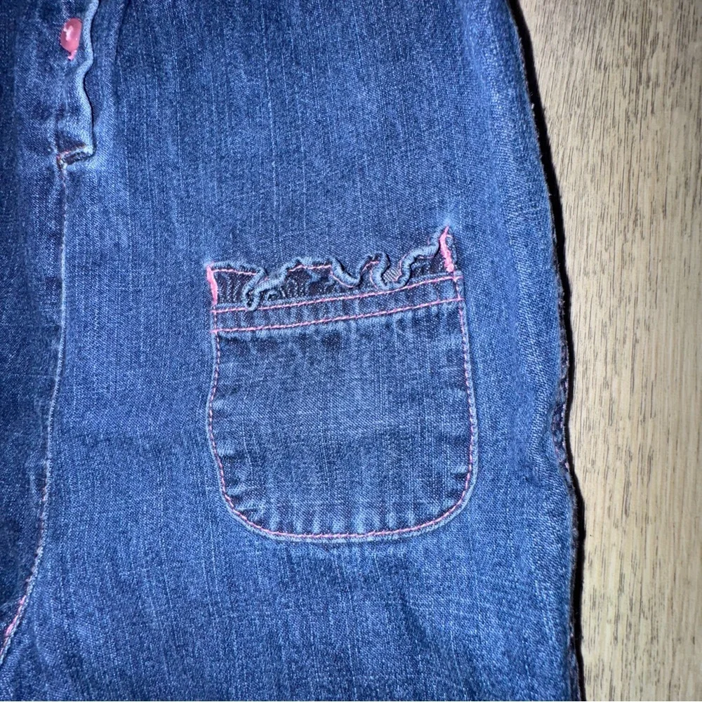 Vintage Talbots Kids Denim Romper with Pink and Green Embroidery